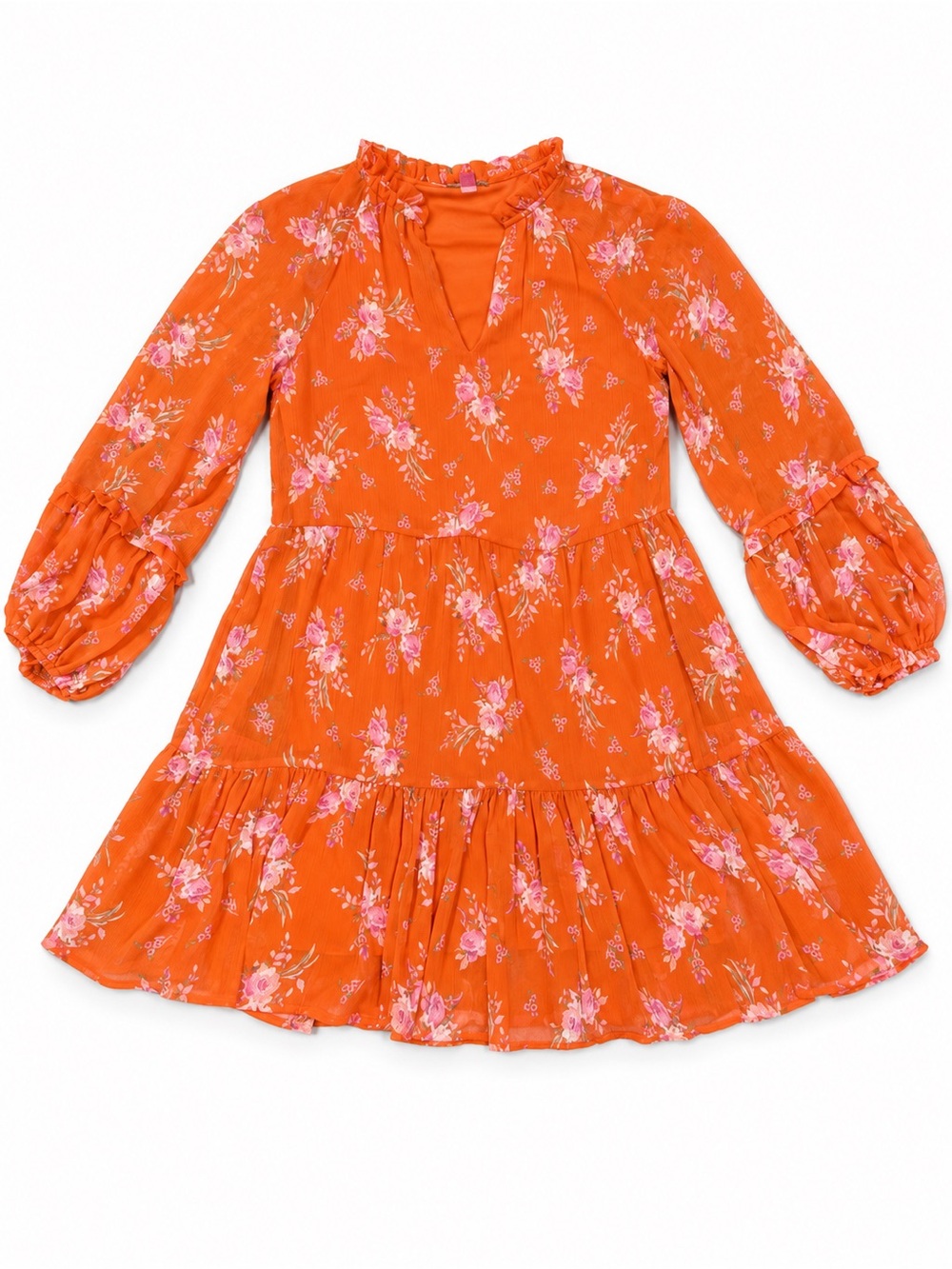 Vince Camuto Women’s Orange Pink Floral Long Sleeve Tiered Dress Size Small